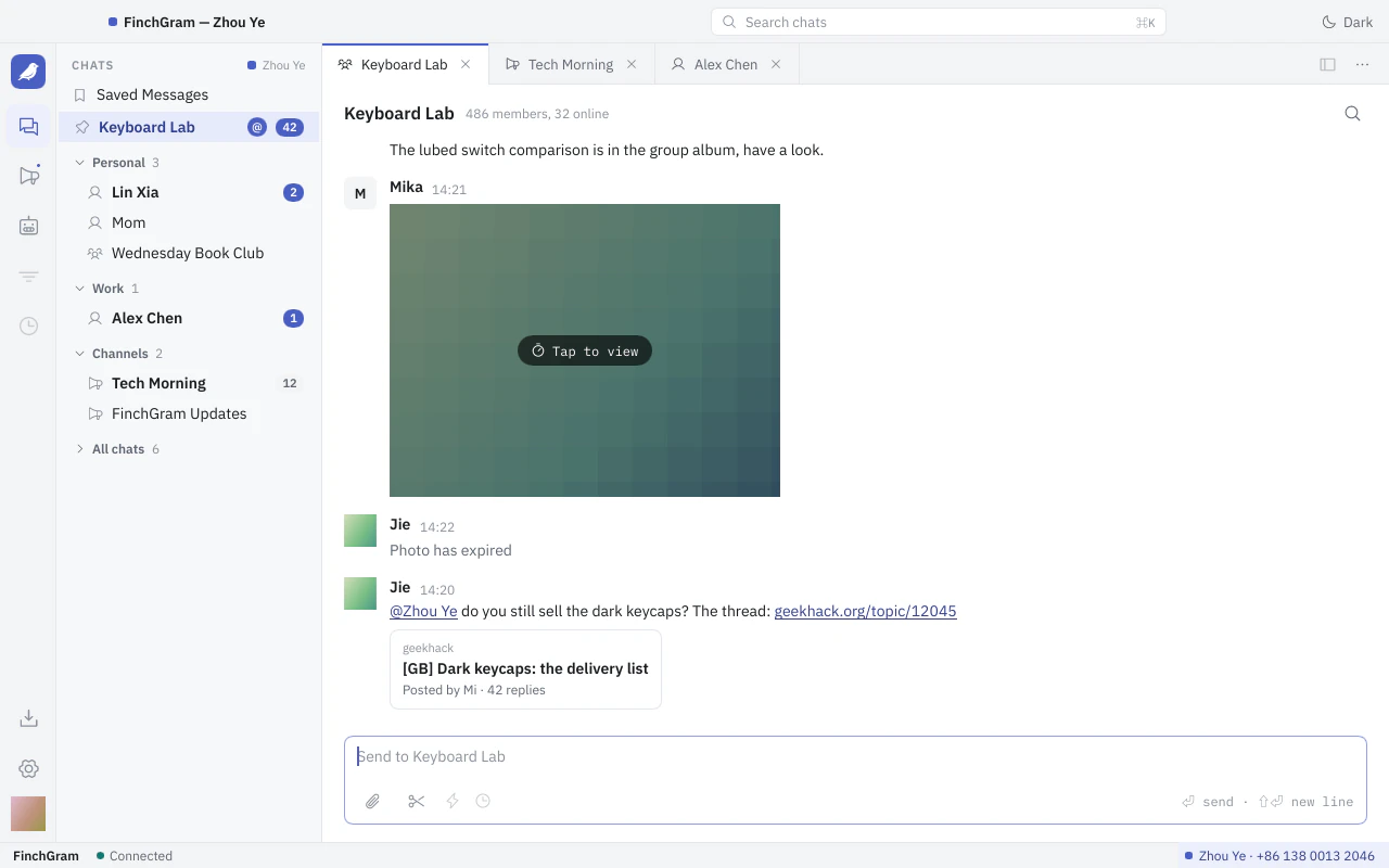 FinchGram's chat window in the Workbench theme: folders on the left, chats in tabs, a group conversation on the right
