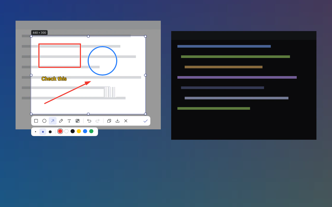 The screenshot overlay over a frozen screen: a selection marked up with a rectangle, a circle, an arrow and text, with the drawing toolbar below it