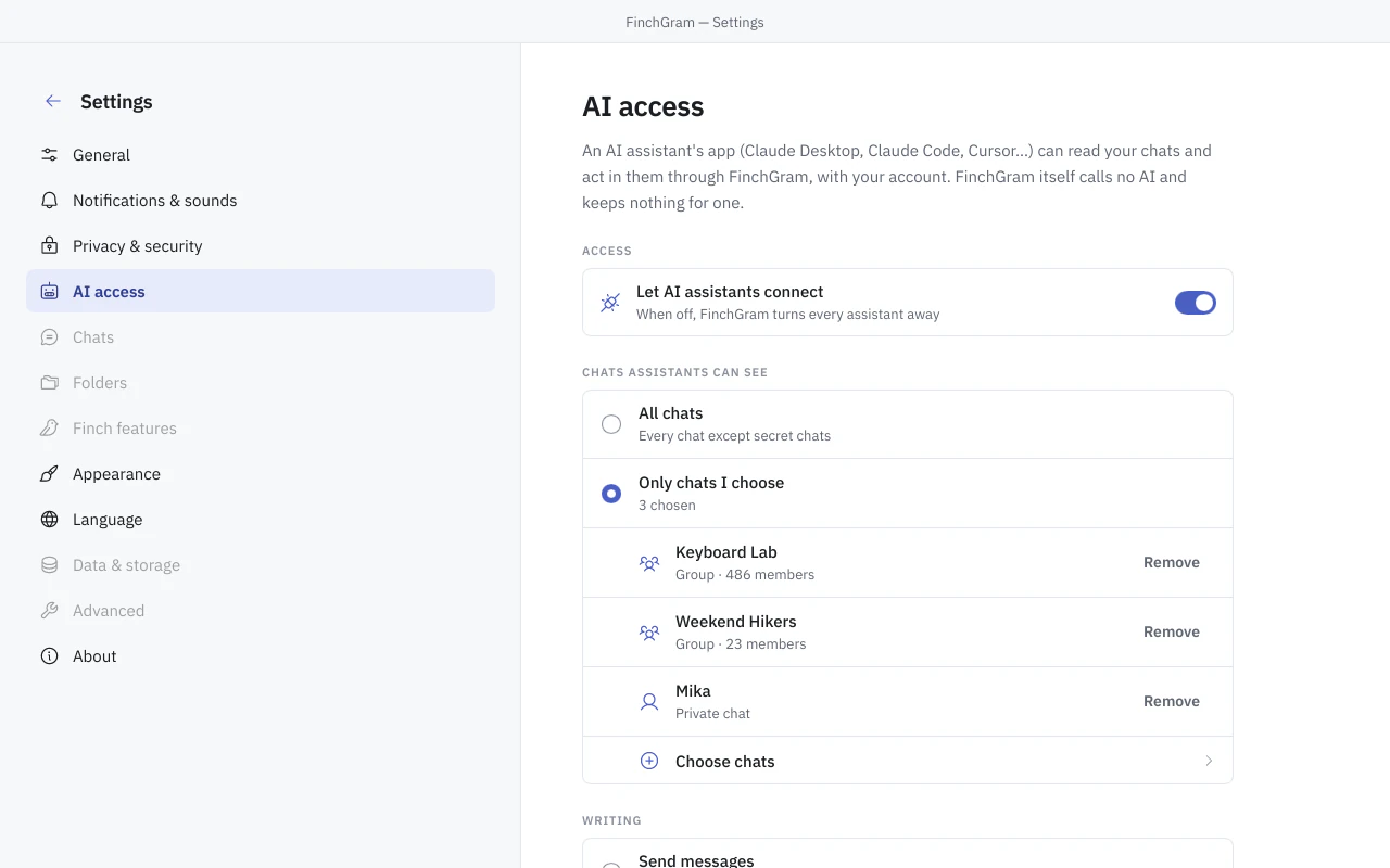 Settings, AI access: the switch that lets AI assistants connect, and the chats they may see